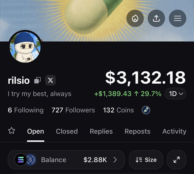 A crypto portfolio profile showing the user 'r1sio' with the bio 'I try my best, always,' displaying a portfolio value of $3,132.18 with a +$1,389.43 (29.7%) gain over 1 day, 727 followers, and 132 coins.