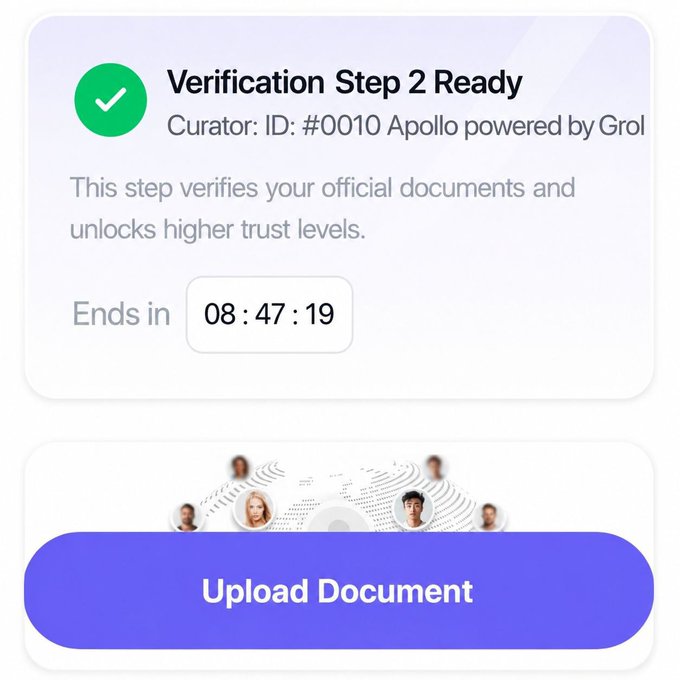 A "Verification Step 2 Ready" card from Curator ID #0010 Apollo powered by Grol invites document upload, with an 08:47:19 countdown timer ending. This relates to the post's complaint about being stuck in KYC Level 2 for over 3 months, illustrating the ongoing verification queue experience.