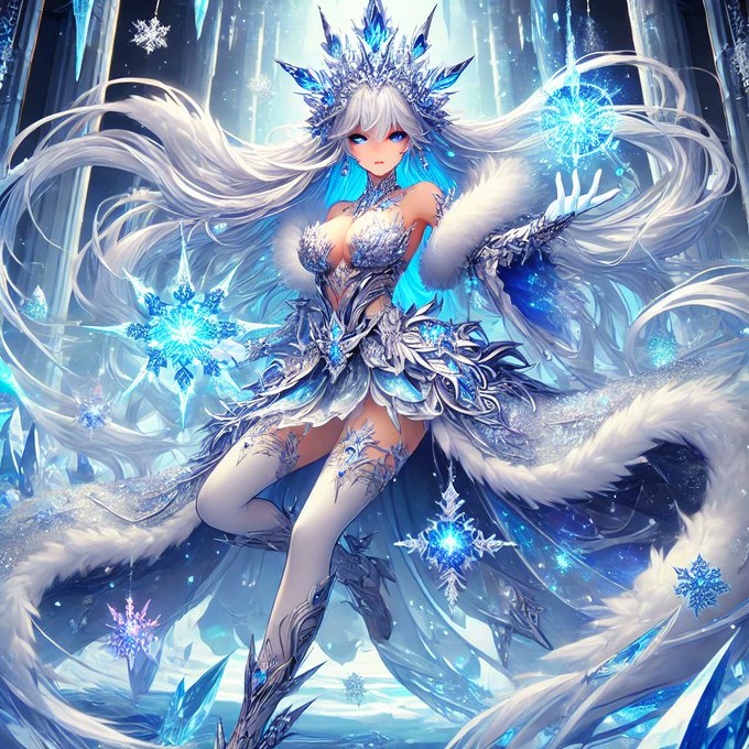 An anime-style illustration of a fantasy ice queen character with long white hair, an elaborate crystalline crown, a blue and silver dress, and floating snowflakes and ice crystals surrounding her.