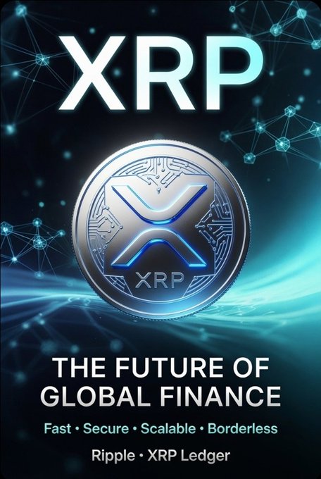 A promotional graphic for the XRP cryptocurrency featuring a large silver coin with the XRP 'X' logo, set against a dark blue background with a glowing network node pattern, accompanied by the text 'XRP', 'THE FUTURE OF GLOBAL FINANCE', and 'Fast • Secure • Scalable • Borderless'.