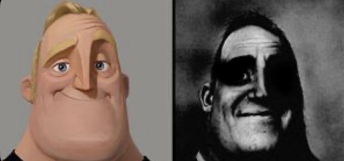 A side-by-side comparison showing the animated character Mr. Incredible on the left and a black-and-white photo of a smiling man on the right, humorously resembling each other.
