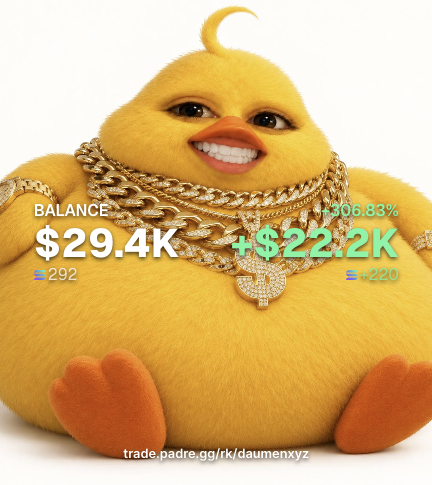 The image features a photoshopped, heavily inflated yellow chick character adorned with multiple diamond-encrusted gold chains and pendants, displaying a trading PNL card with a "BALANCE" of "$29.4K," a profit of "+$22.2K" (+306.83%), and 292 active positions. The accompanying text about "eating so much" and "not fitting on the PNL card" humorously references the chick's exaggerated, oversized body taking up nearly the entire frame, mirroring the original post's $11K gain theme with an even more extreme, meme-styled brag of a significantly larger profit.