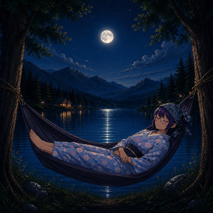 An anime-style illustration of a woman with purple hair sleeping peacefully in a hammock suspended between two trees, with a serene moonlit lake and mountains in the background.