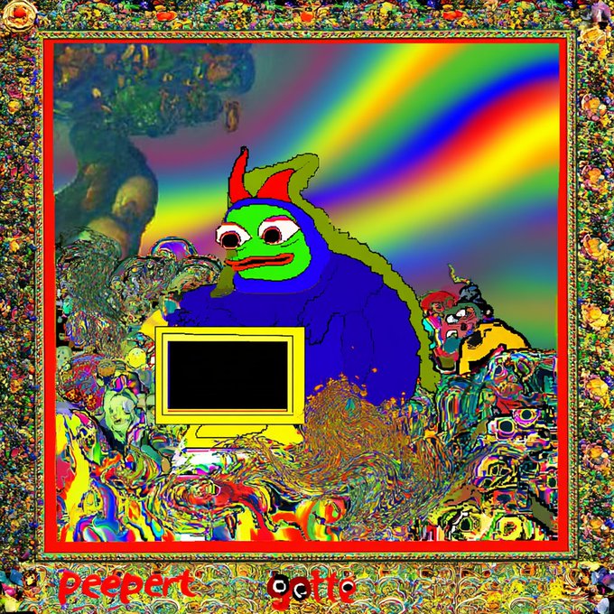 A vibrant, psychedelic digital artwork features a green frog-like character wearing a blue hood and red devil horns sitting at a yellow computer, with 'peepo' and 'ogllic' text at the bottom and an ornate decorative border.