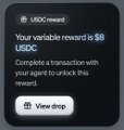 A Uphold notification states "Your variable reward is $8 USD" and congratulates the user on adding an agent to unlock this reward, accompanied by a "View deal" button. The image serves as an example of a small referral-style reward, which the post references while promoting a larger $27 MoonPay PayBox sign-up reward and requesting screenshot proof.