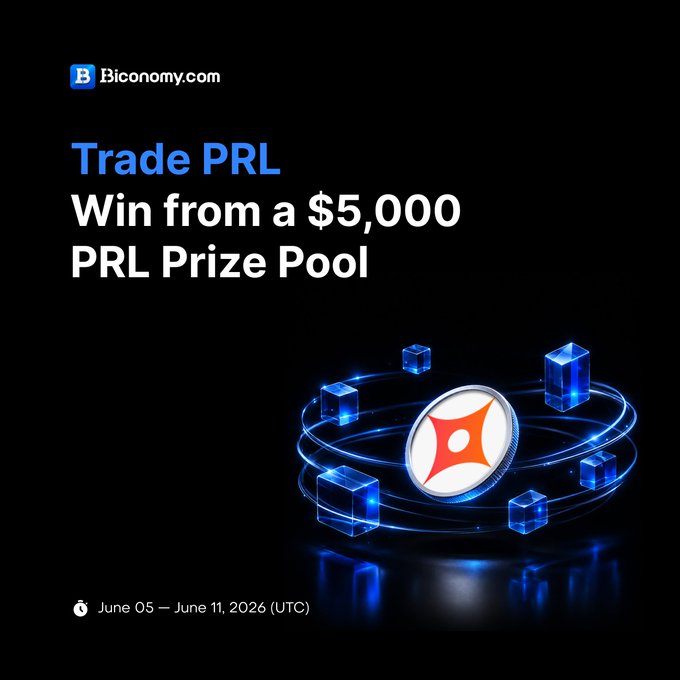 A blue advertisement featuring blocks of different colors and the text "Trade PRL" suggests a Trade PRL Spot Trading Competition where participants can win up to $5,000 if they trade PRL successfully. The competition takes place on June 05 - June 11 at Biconomy, and top 30 participants will receive prizes totaling $5,000, with an additional cash prize of $1,500.
