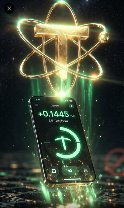 A smartphone displays a cryptocurrency mining app showing '+0.1445 TOR' at '3.5 TOR/hour' beneath a glowing golden 3D atom-like emblem against a cosmic green background.