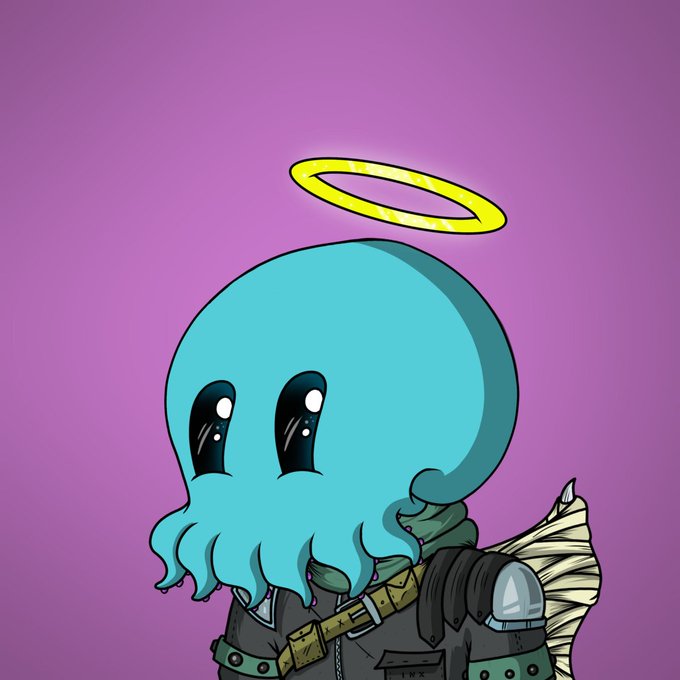 A cartoon illustration of a melancholic cyan octopus-like character with large tearful eyes, wearing dark armor with a spiky shoulder pad, and sporting a glowing yellow halo above its head against a purple background.
