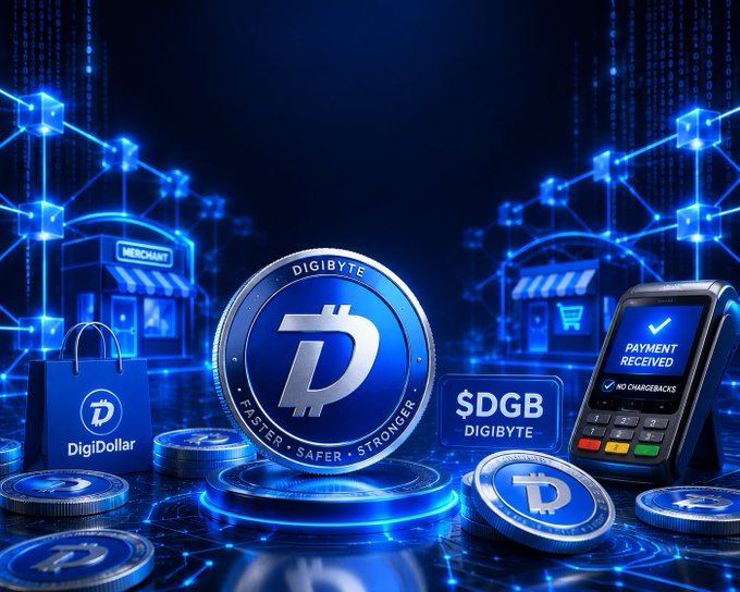 A digital rendering showcases DigiByte ($DGB) cryptocurrency coins alongside a merchant storefront, a "DigiDollar" shopping bag, and a payment terminal displaying "Payment Received" with "No Chargebacks," visually reinforcing the post's message about $DGB's fast, low-fee, chargeback-free payment benefits for merchants.