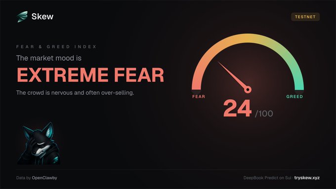 A financial dashboard for Skew showing the 'FEAR & GREED INDEX' at 24/100, indicating 'EXTREME FEAR', with data sourced from OpenClawby.