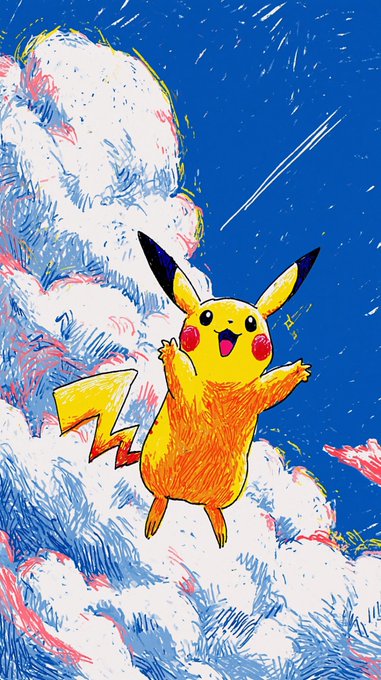 A vibrant illustration of Pikachu, the yellow Pokémon character with pointy ears and a lightning bolt tail, set against a colorful cloudy sky.
