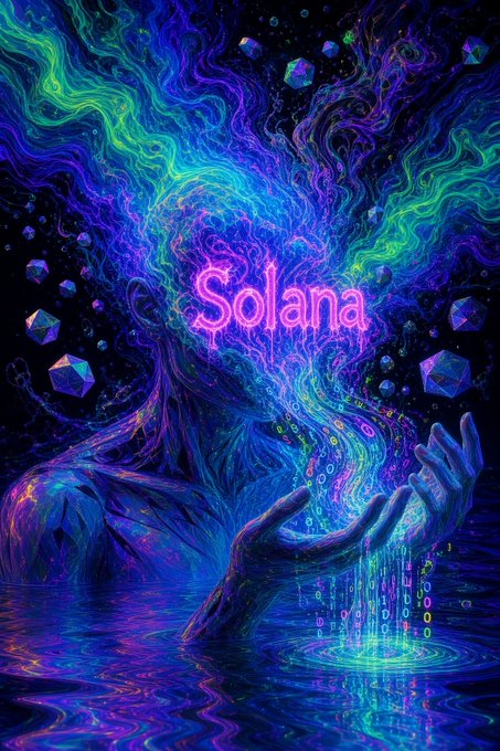 Vibrant digital artwork featuring a hooded figure with a glowing pink neon 'Solana' text, reaching toward streams of binary code above reflective water.