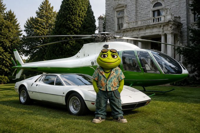 A green frog character wearing sunglasses, a patterned shirt, and cargo pants stands on a lawn in front of a white sports car and a green and white helicopter, with a large mansion in the background.