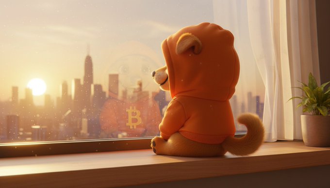 A small dog in an orange hoodie sits on a windowsill gazing out at a city skyline at sunset, with a glowing Bitcoin symbol visible on the window, reflecting the hopeful, optimistic mood associated with $DOG.