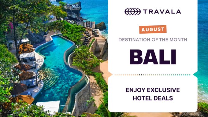 A promotional banner for Travala featuring Bali as the August Destination of the Month, with text 'ENJOY EXCLUSIVE HOTEL DEALS' alongside an image of a resort pool overlooking the ocean.