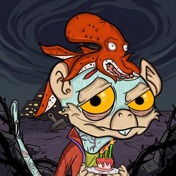 A cartoon monkey with a zombie-like appearance and an orange octopus on its head holds a birthday cake in a dark, swirling landscape, fitting the "octopus squad" theme of a quirky, surreal NFT-style character.