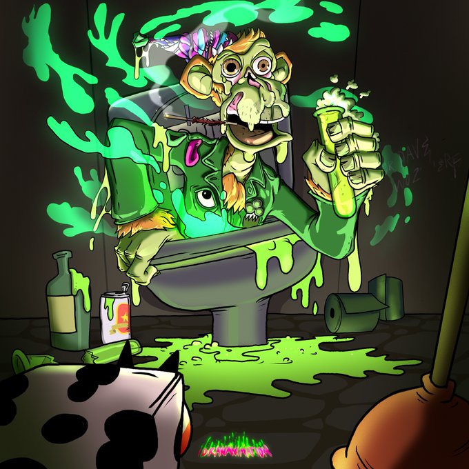 A cartoonish illustration depicts a green-tinted monkey character emerging from a toilet, drenched in glowing green ooze and holding a cup, with graffiti reading 'MIND BLAZE' in the background.