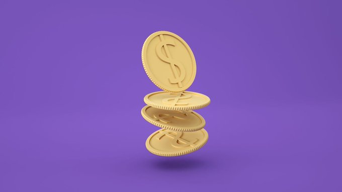 A 3D illustration of gold dollar coins stacked and balanced on top of each other against a solid purple background.