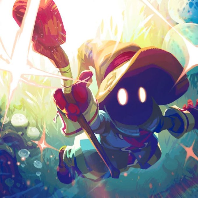 A stylized illustration of a shadowy character with glowing eyes, wearing a wizard hat and wielding a magical staff, in a vibrant, glowing environment.