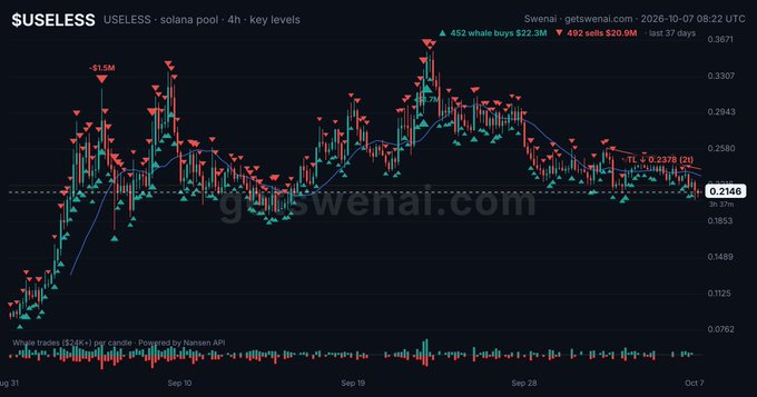A candlestick chart from Swenai displays the 'SUSELESS' token on the Solana pool (4h timeframe), with whale trades indicator and key levels, showing price around 0.2146.