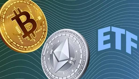 A promotional graphic featuring a gold Bitcoin and silver Ethereum coin alongside the text 'ETF' on a dark background.