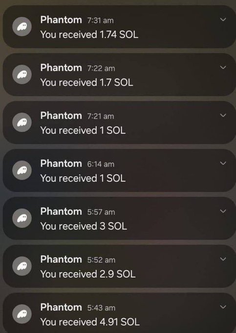 A series of Phantom wallet notifications showing multiple incoming SOL transfers totaling $500 worth of cryptocurrency, allegedly supporting the post's claim to send a $500 SOL reward to respondents. The transactions range from 1 to 4.91 SOL received between 5:43 AM and 7:31 AM, suggesting apparent "proof" of legitimate payouts.