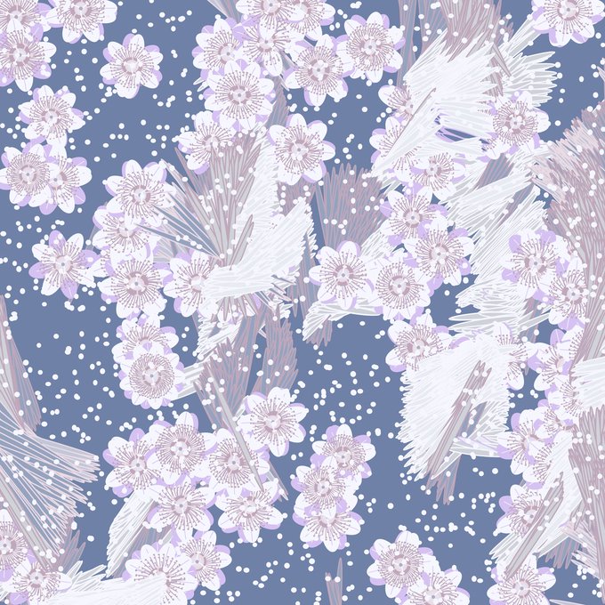 A decorative pattern featuring white and pale purple cherry blossoms with brushstroke accents scattered across a slate blue background.