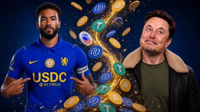 An image showing a soccer player wearing a blue jersey with 'USDC BY CIRCLE' pointing to himself, alongside Elon Musk with various crypto coins floating between them.