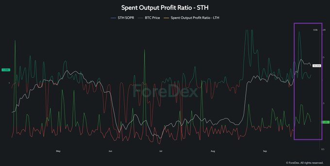 A crypto analytics chart titled 'Spent Output Profit Ratio - STH' from FoteDex displays three trend lines (STH SOPR, BTC Price, and Spent Output Profit Ratio - LTH) over a timeline spanning May to September, with a purple highlight box around the most recent data spike on the right side.