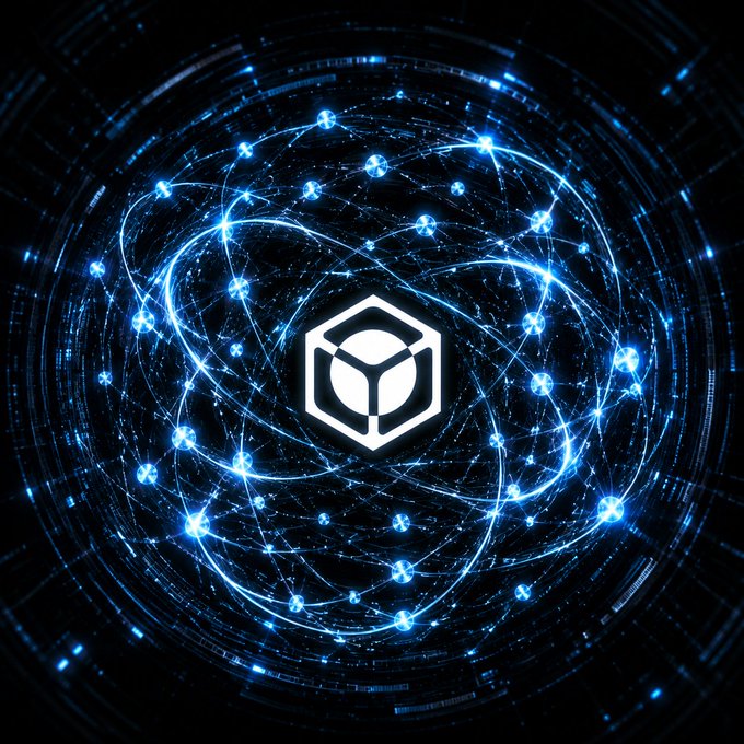 A glowing blue digital sphere with orbiting light particles surrounds the white Nucleus (NucleusCodes) logo at the center, visually representing the Web3 reputation and opportunity distribution network mentioned in the post about joining the Nucleus community.