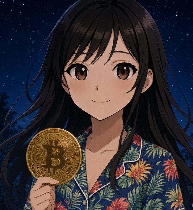 An anime-style illustration of a smiling young woman with long dark hair wearing a colorful tropical shirt, holding up a gold Bitcoin coin against a starry night sky background.