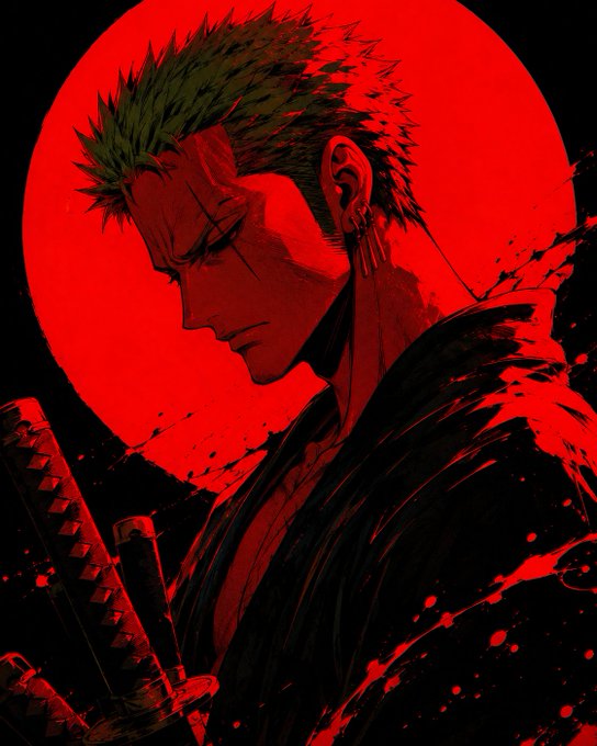 A dramatic anime-style portrait of a spiky-haired samurai in profile, silhouetted against a large red sun/moon with splashes of red resembling blood.