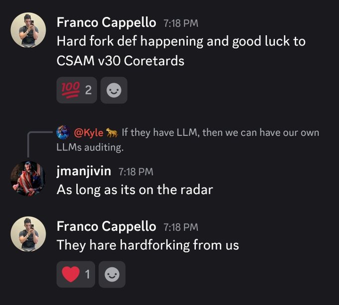 A screenshot of a Discord chat showing Franco Cappello saying 'Hard fork def happening and good luck to CSAM v30 Coretards' with a 100 and 2 emoji reaction, and 'They hare hardorking from us' with a heart reaction, while @Kyle and jmanjivin also contribute messages.