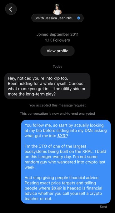 The image shows a DM exchange where someone asks "what made you get into XRP," and the reply identifies the sender as the CTO of a Ledger built on the XRPL, criticizes the requester for not checking their bio before messaging, and warns them to stop giving financial advice and posting price targets as a "crypto teacher." This matches the post's point about people giving crypto advice without proper credentials or due diligence, with the $XRP ticker and 1.1K follower count visible in the profile header.