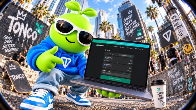 A green mascot character wearing sunglasses and a blue hoodie holds a laptop displaying the 'TONCO' trading platform, surrounded by branded merchandise and urban graffiti with text like 'TONCO' and 'GOOD DEFI BETTER TOGETHER'.