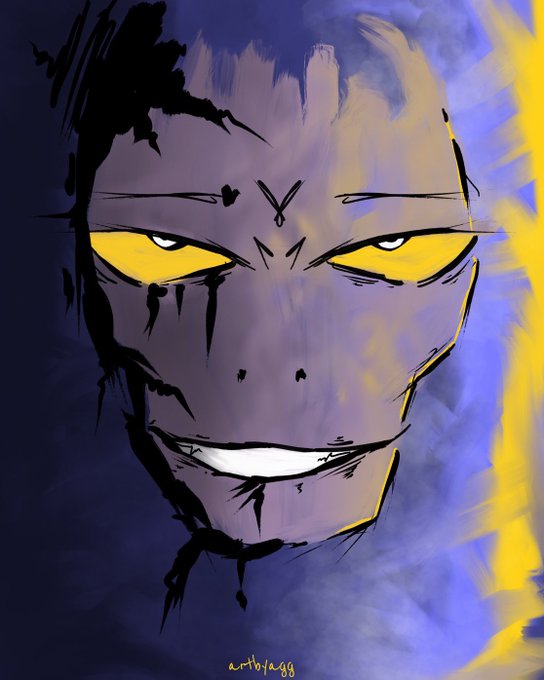 Digital illustration of a sinister anime-style character with glowing yellow eyes and a wide grin, set against a blue and yellow background, signed 'artbye gg'.