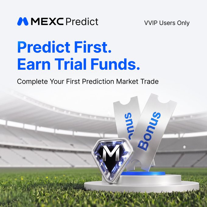 A promotional graphic for "MEXC Predict" featuring the headline "Predict First. Earn Trial Funds." and subtitle "Complete Your First Prediction Market Trade," displayed above a 3D-rendered MEXC logo gem and "Bonus" ticket resting on a podium against a stadium backdrop, with "VVIP Users Only" noted in the corner—visually reinforcing the offer for eligible users to earn up to $1,000 plus trial funds by making their first prediction market trade at mexc.com/user/m-score.