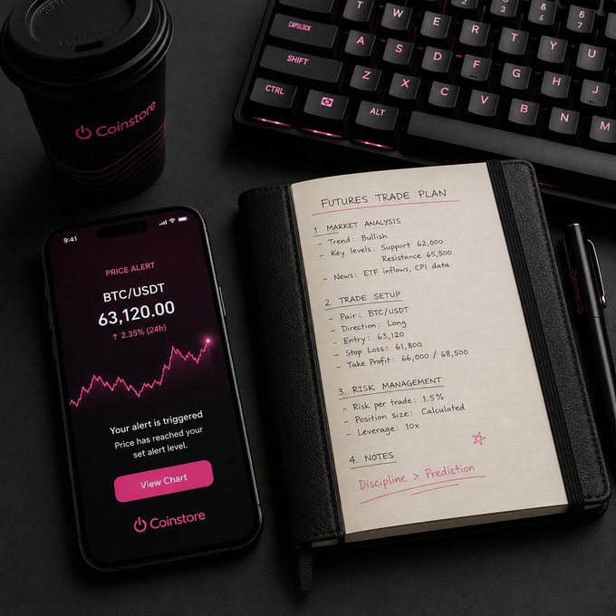 A desk setup showing a Coinstore coffee cup, a keyboard, a smartphone displaying a BTC/USDT price alert of 63,120.00, and a notebook with a 'FUTURES TRADE PLAN'.