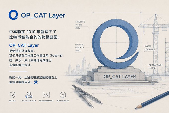 A blueprint-style illustration features a large blue "OP_CAT LAYER" sculpture as a construction site centerpiece, surrounded by drafting tools and labeled elements like "SATOSHI'S VISION 2010," "PHYSICAL PROOF OF WORK," "UNIFIED CONSENSUS," and "PROGRAMMABLE FUTURE." Four icons at the bottom highlight "Security, Decentralization, Programmability, Bitcoin Native," reinforcing the design theme of building the OP_CAT Layer atop Bitcoin's foundation as envisioned by Satoshi.