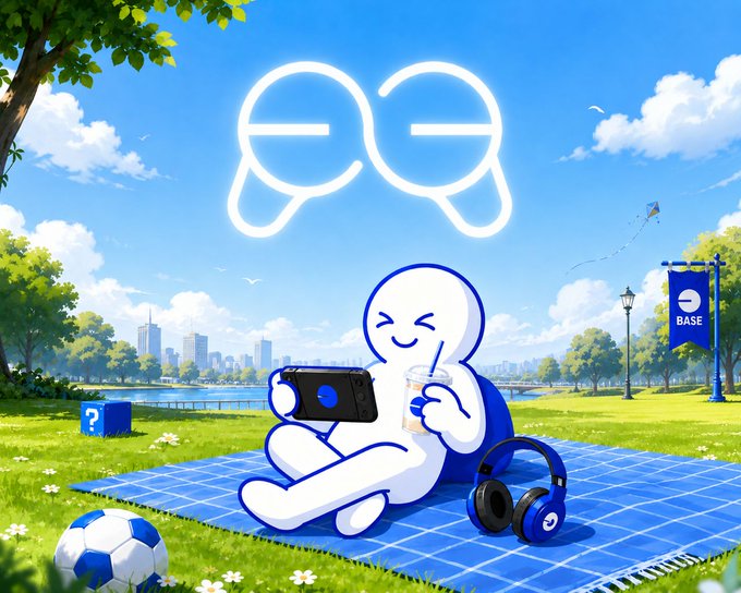 The image features a cartoon character sitting on a blanket, holding a cell phone while wearing headphones. There are also two soccer balls present in the scene. The background of the image shows a cityscape with buildings under a blue sky. The caption "MAY ALL YOUR WEEKENDS BE BASED." is written above and to the right of the image.