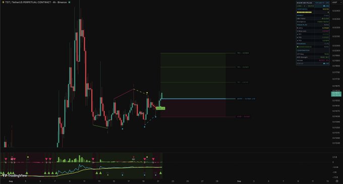 This is a TradingView chart displaying the $TST/USDT perpetual contract on Binance, featuring candlestick price action with technical analysis tools including Fibonacci retracement levels (TP1: 0.07429, TP2: 0.07848, TP3: 0.08161), a stop loss marked at 0.06649, and an entry point at 0.06999. The chart also shows an indicator panel at the bottom, suggesting a bullish setup targeting higher resistance levels from the recent consolidation pattern.