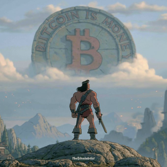The image features a man standing atop a rock, holding a sword and looking out over a mountain range with a large Bitcoin logo in the background. The caption reads "The Bitcoin Artist", suggesting that this scene might be inspired by or related to Bitcoin artistry.