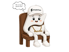 A white cartoon mascot wearing a hard hat labeled "SimpleChain" sits on a wooden chair, with a thought bubble reading "POC of Super chain Consensus."