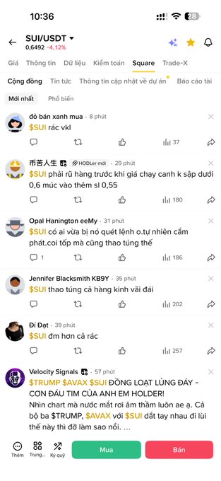 A mobile trading app screenshot showing the $SUI/USDT pair trading at 0.6492 with a 1.12% decline, featuring a community chat with Vietnamese posts discussing bearish sentiment around $SUI's price action. The visible comments reflect frustration about price manipulation and selling pressure, aligning with the poster's angry reaction to $SUI's performance.