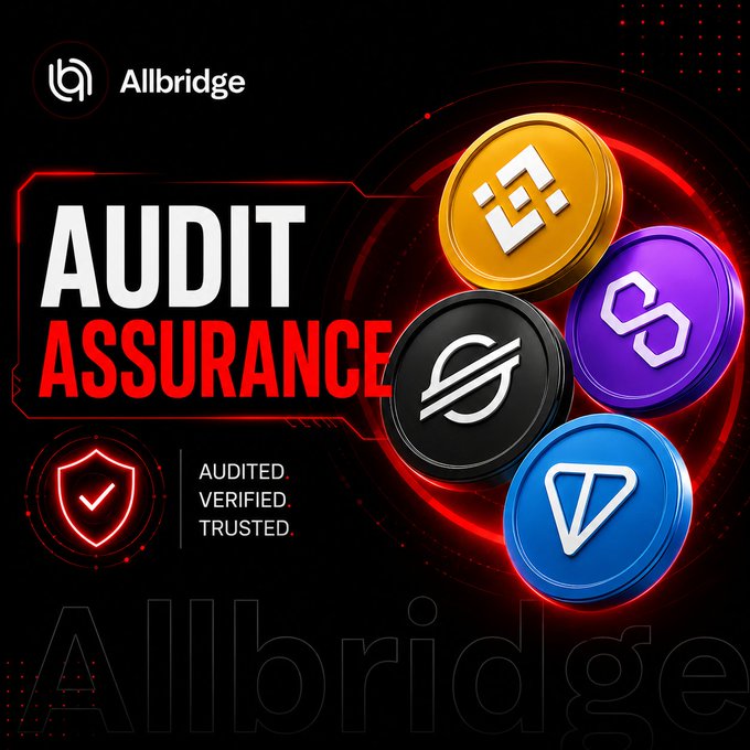 A promotional graphic for Allbridge displays "AUDIT ASSURANCE" in large text alongside cryptocurrency tokens (BNB, Polygon, Stellar, Tron) and the tagline "AUDITED. VERIFIED. TRUSTED."