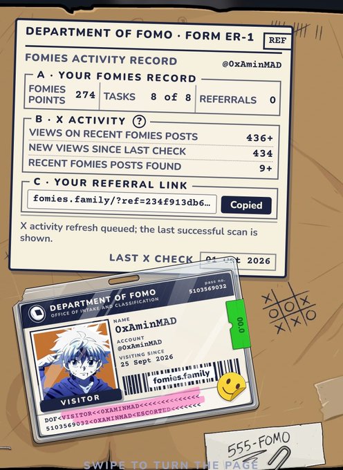 A screenshot of a 'Department of Fomo' activity record form ER-1 for user @0xAminMAD, showing 274 points, 436+ views, and a visitor ID card featuring an anime character.