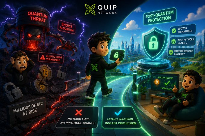 The image is a split-scene illustration for "QUIP NETWORK" showing a young character holding a shielded device to protect Bitcoin from a "QUANTUM THREAT" powered by "Shor's Algorithm" and "Elliptic Curve Vulnerable" warnings, while the other side highlights "POST-QUANTUM PROTECTION" with features like WOTS+ Signatures, Arch Network Layer 2, and Quantum-Resistant Security. The bottom compares "No Hard Fork / No Protocol Change" (red X) with "Layer 2 Solution / Instant Protection" (green check), reinforcing the post's message that Quip Network offers quantum-resistant Bitcoin security without requiring a hard fork.