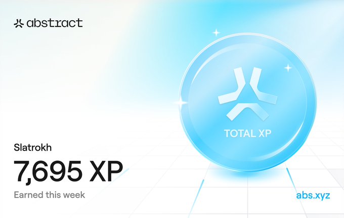 A digital achievement graphic from AbstractChain displaying "Total XP" with a glowing blue orb icon, showcasing user "Slatrokh" earning 7,695 XP this week, visually reinforcing the milestone celebrated in the caption about their progress on the platform.