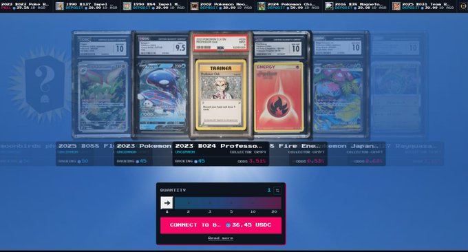 A digital card shop interface displays five graded Pokémon cards including a 1996 Trainer PSA 10 and 2023 Kyurem PSA 10, priced at 36.45 USDC for a quantity of one with a buying window ending in 5 days 7 hours. The setup relates to the post by showcasing the community "gacha machine" primitive concept, where 100% of transaction fees from such randomized card sales would return to buyers rather than the seller, making it a loss-leader engagement tool.