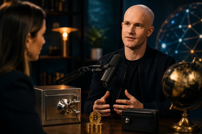 Two people sit across from each other at a table in a podcast studio setting, with a microphone between them; a small safe, a gold Bitcoin coin, a black wallet, and a globe are visible on the table, while a network of connected nodes is displayed on the wall behind them.